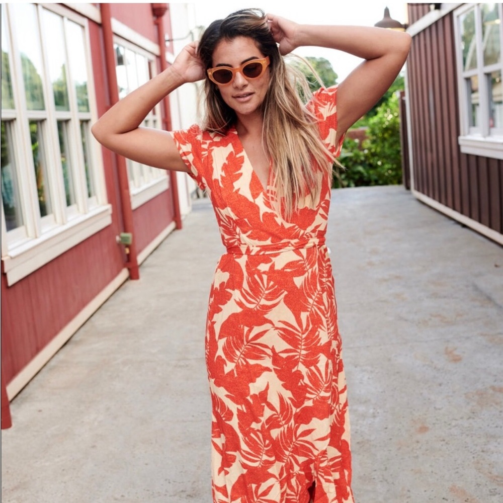 XIX 19 Palms Napali Wrap Maxi hi low ruffle hem tropical red/orange cream color